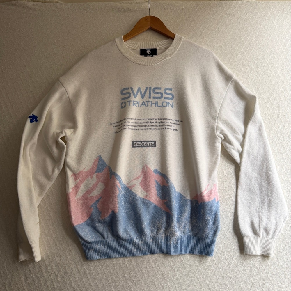 Descente Swiss Triathlon Graphic Sweater White Cotton Gorpcore US M JP L RARE